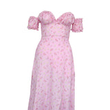 Women's Cute Floral Print Maxi Dress Short Sleeve for Wedding pink M