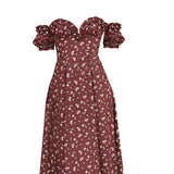 Women's Cute Floral Print Maxi Dress Short Sleeve for Wedding wine red S