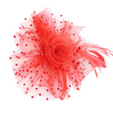 Maxbell women Flower Mesh Feathers Hair Clip Headwear Headdress for Tea Party Red