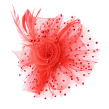 Maxbell women Flower Mesh Feathers Hair Clip Headwear Headdress for Tea Party Red