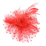 Maxbell women Flower Mesh Feathers Hair Clip Headwear Headdress for Tea Party Red