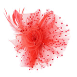 Maxbell women Flower Mesh Feathers Hair Clip Headwear Headdress for Tea Party Red