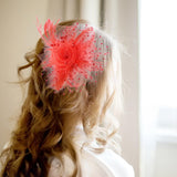 Maxbell women Flower Mesh Feathers Hair Clip Headwear Headdress for Tea Party Red
