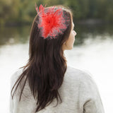 Maxbell women Flower Mesh Feathers Hair Clip Headwear Headdress for Tea Party Red