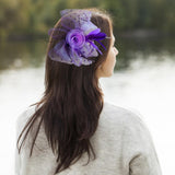 Maxbell women Flower Mesh Feathers Hair Clip Headwear Headdress for Tea Party Purple