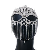 Maxbell Masquerade Face Chain Tassels Mask Headpiece Jewelry Rhinestone Accessories Silver