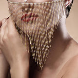 Maxbell Sparkly Rhinestone Women Face Covers Chain Long Tassel Veils for Nightclub Aureate