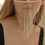Maxbell Sparkly Rhinestone Women Face Covers Chain Long Tassel Veils for Nightclub Aureate