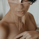 Maxbell Sparkly Rhinestone Women Face Covers Chain Long Tassel Veils for Nightclub Aureate