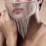 Maxbell Sparkly Rhinestone Women Face Covers Chain Long Tassel Veils for Nightclub Argent