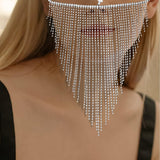 Maxbell Sparkly Rhinestone Women Face Covers Chain Long Tassel Veils for Nightclub Argent