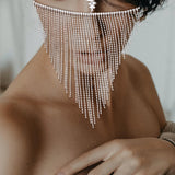 Maxbell Sparkly Rhinestone Women Face Covers Chain Long Tassel Veils for Nightclub Argent