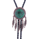 Maxbell Bolo Tie Necktie Green Pendant PU Leather men for Wedding Party