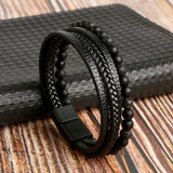 Maxbell Men Braided PU Leather Bracelet Beaded Multi Layer Wrap Sturdy Stylish Black