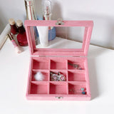 Maxbell Pink Transparent Lid Velvet Jewelry Tray Rings Earrings Storage Box 9 Grids