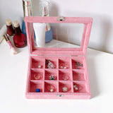 Maxbell Pink Transparent Lid Velvet Jewelry Tray Rings Earrings Storage Box 12 Grids