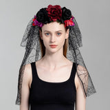 Maxbell Halloween Veil Flower Headband Bridal Gothic for Role Playing Festival Black Red