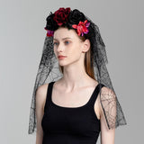 Maxbell Halloween Veil Flower Headband Bridal Gothic for Role Playing Festival Black Red