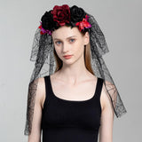 Maxbell Halloween Veil Flower Headband Bridal Gothic for Role Playing Festival Black Red