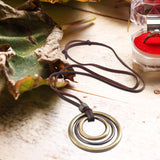 Maxbell Triple Circles Rings Pendant Necklace with PU Leather Cord for Men Women