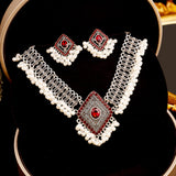 Maxbell Vintage Necklace Earring Set Gorgeous Trendy for Prom Anniversary Party Rhombus Red