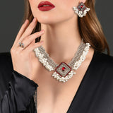 Maxbell Vintage Necklace Earring Set Gorgeous Trendy for Prom Anniversary Party Rhombus Red