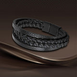 Maxbell Punk Braided PU Leather Bracelet Casual Gothic Ethnic Stackable for Men Black