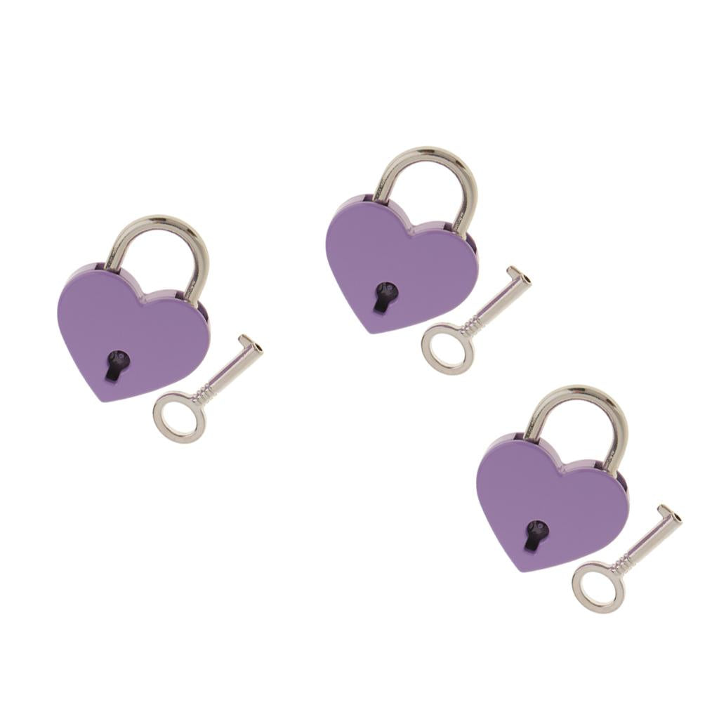 Maxbell 3pcs Mini Heart Shaped Padlocks with Keys Travel Luggage Suitcase Safety Lock Set Purple