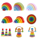 Maxbell Colorful Wooden Rainbow Blocks Stack Tunnel Stacking Game Toys Kids Children