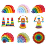 Maxbell Colorful Wooden Rainbow Blocks Stack Tunnel Stacking Game Toys Kids Children