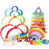 Maxbell 11PCS Handmade Wooden Rainbow Building Blocks Boards Toddler Montessori Toy