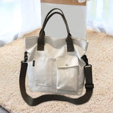 Maxbell Canvas Tote Bag Snap Fastener Closure Handbag for Office Leisure School White