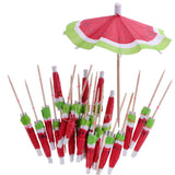 140 Pieces Hawaiian Watermelon Umbrella Cocktail Picks Hula Beach Party Bamboo Sticks Fruit Decoration Party Supplies 10cm