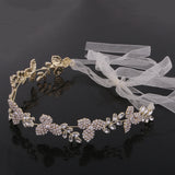 Gorgeous Leaf Crystal Heapiece Headband with White Ribbon Hair Jewelry