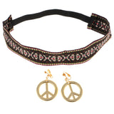 Boho Hippie Embroidered Headband & Gold Peace Symbol Earrings Costume Accessories