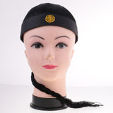 Adult Kids Black Chinese Oriental Cap with Ponytail Party Costume Hat Men