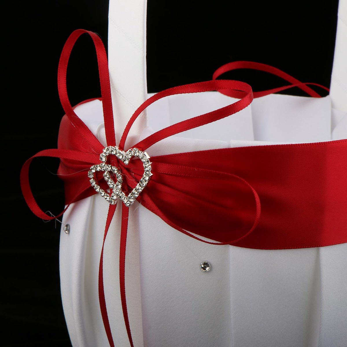 Maxbell Satin Wedding Flower Girl Basket Double Heart Rhinestone Decor Wine Red