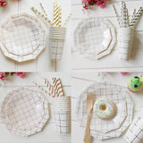 8 Pieces Disposable Foil Gold Grid Plates 23cm Paper Plates White and Gold