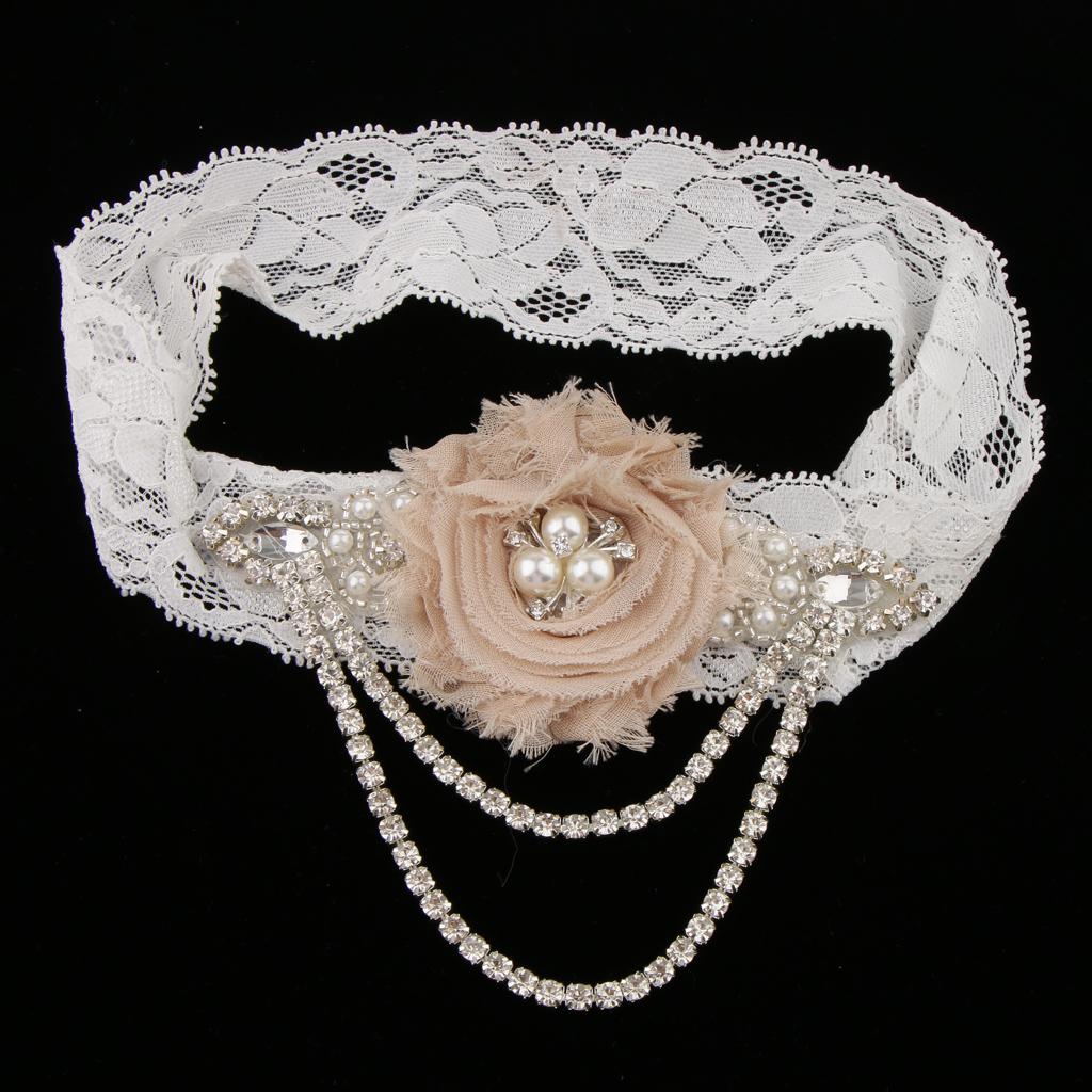 Maxbell Wedding Bridal Crystal Chain Pearl Lace Garter Wedding Accessory Coffee