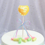 Max 6 Pieces Sequins Yellow Heart Bow Cake Topper Birthday Party Cupcake Picks
