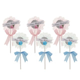 Pack of 6 Tulle Flower Happy Birthday Cake Toppers with Bowknot Decor Pink and Blue