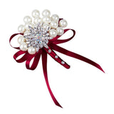 Max Wedding Boutonniere Corsage Bride Groom Pearl Flower Lapel Pins Wine Red