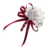 Max Wedding Boutonniere Corsage Bride Groom Pearl Flower Lapel Pins Wine Red