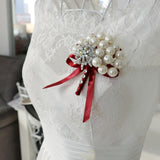 Max Wedding Boutonniere Corsage Bride Groom Pearl Flower Lapel Pins Wine Red