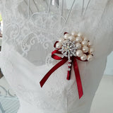 Max Wedding Boutonniere Corsage Bride Groom Pearl Flower Lapel Pins Wine Red