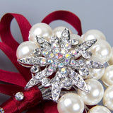 Max Wedding Boutonniere Corsage Bride Groom Pearl Flower Lapel Pins Wine Red