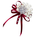 Max Wedding Boutonniere Corsage Bride Groom Pearl Flower Lapel Pins Wine Red