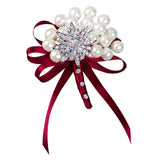 Max Wedding Boutonniere Corsage Bride Groom Pearl Flower Lapel Pins Wine Red