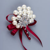 Max Wedding Boutonniere Corsage Bride Groom Pearl Flower Lapel Pins Wine Red