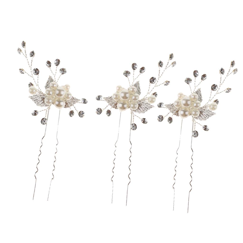 Max 3Pcs Bridal Wedding Leaf Crystal Hair Pins Hair Accessories Headpiece Silver